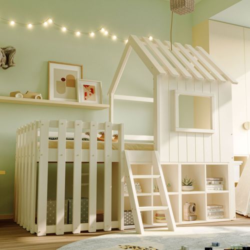 Lit Cabane Enfant 90×200 Cm, Toit, Fenêtres Et Rangements Ouverts, Bois, Blanc