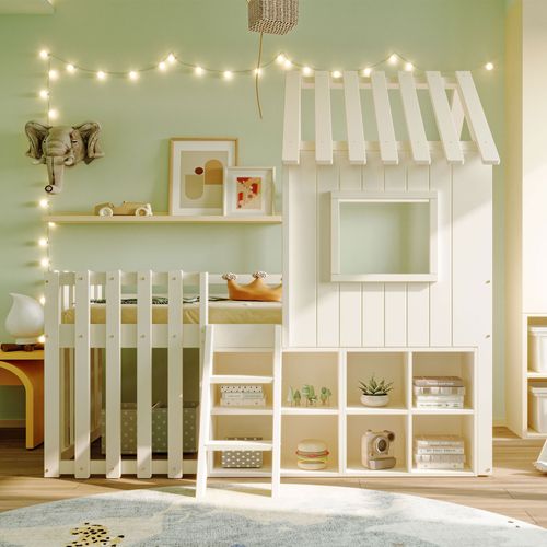 Lit Cabane Enfant 90×200 Cm, Toit, Fenêtres Et Rangements Ouverts, Bois, Blanc