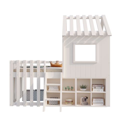 Lit Cabane Enfant 90×200 Cm, Toit, Fenêtres Et Rangements Ouverts, Bois, Blanc