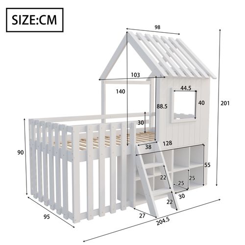 Lit Cabane Enfant 90×200 Cm, Toit, Fenêtres Et Rangements Ouverts, Bois, Blanc