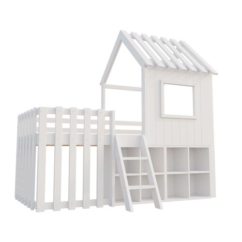 Lit Cabane Enfant 90×200 Cm, Toit, Fenêtres Et Rangements Ouverts, Bois, Blanc