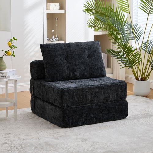 Fauteuil Convertible 1 Place Avec Matelas Pliable Et Coussin - Chenille Noir