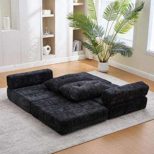 Fauteuil Convertible 1 Place Avec Matelas Pliable Et Coussin - Chenille Noir