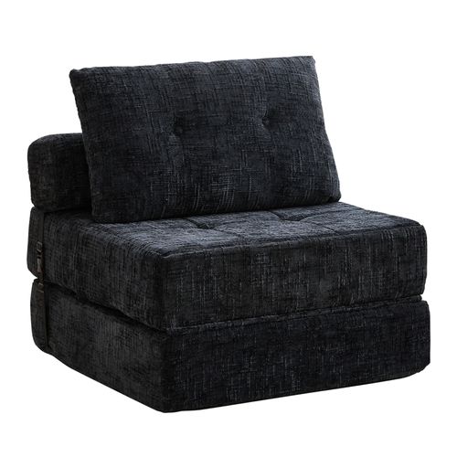 Fauteuil Convertible 1 Place Avec Matelas Pliable Et Coussin - Chenille Noir