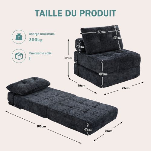 Fauteuil Convertible 1 Place Avec Matelas Pliable Et Coussin - Chenille Noir
