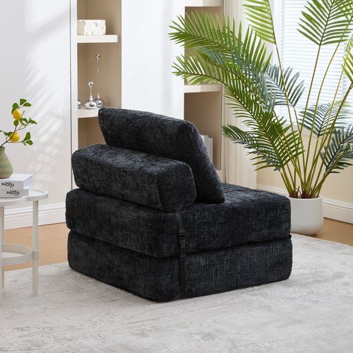 Fauteuil Convertible 1 Place Avec Matelas Pliable Et Coussin - Chenille Noir