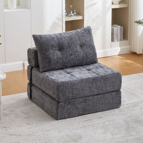 Fauteuil Convertible 1 Place Avec Matelas Pliable Et Coussin - Chenille Gris