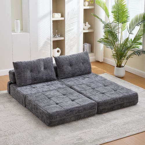 Fauteuil Convertible 1 Place Avec Matelas Pliable Et Coussin - Chenille Gris