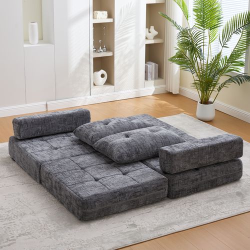 Fauteuil Convertible 1 Place Avec Matelas Pliable Et Coussin - Chenille Gris