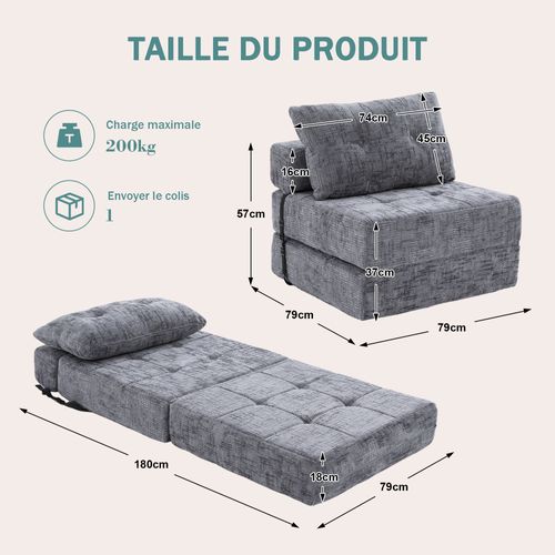 Fauteuil Convertible 1 Place Avec Matelas Pliable Et Coussin - Chenille Gris