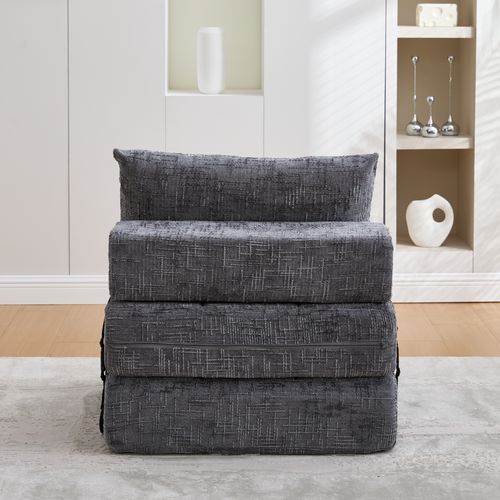 Fauteuil Convertible 1 Place Avec Matelas Pliable Et Coussin - Chenille Gris