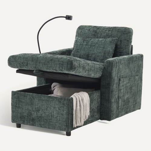 Fauteuil Fixe 1 Place Avec Rangement, Dossier Rabattable, Revêtement Chenille, Vert émeraude