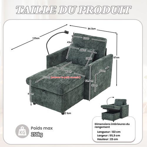 Fauteuil Fixe 1 Place Avec Rangement, Dossier Rabattable, Revêtement Chenille, Vert émeraude