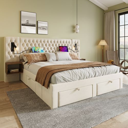 Lit 160x200 Cm Double Capitonné Adulte Avec Tiroirs, Chevet, Tête Lumineuse USB, Velours Beige