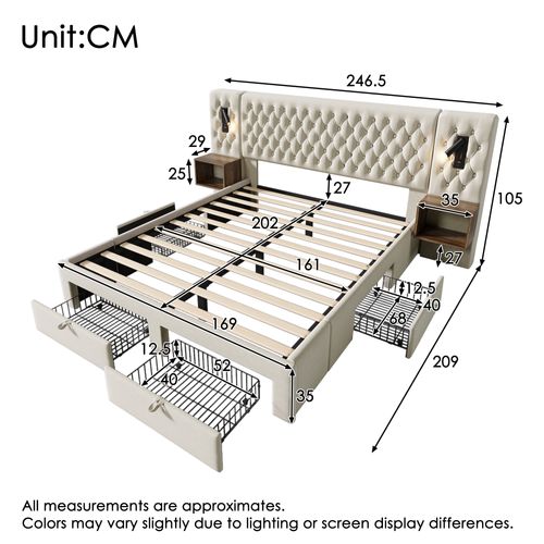 Lit 160x200 Cm Double Capitonné Adulte Avec Tiroirs, Chevet, Tête Lumineuse USB, Velours Beige