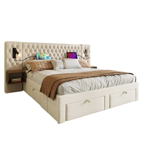 Lit 160x200 Cm Double Capitonné Adulte Avec Tiroirs, Chevet, Tête Lumineuse USB, Velours Beige