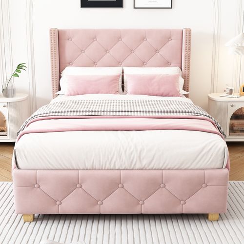Lit Simple 90x200 Cm - Lit Capitonné Avec Tête De Lit Et Sommier à Lattes - Velours - Rose