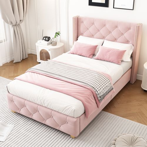Lit Simple 90x200 Cm - Lit Capitonné Avec Tête De Lit Et Sommier à Lattes - Velours - Rose