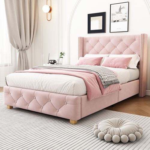 Lit Simple 90x200 Cm - Lit Capitonné Avec Tête De Lit Et Sommier à Lattes - Velours - Rose