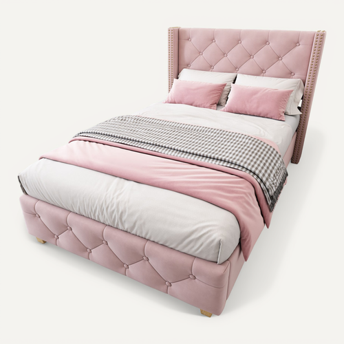 Lit Simple 90x200 Cm - Lit Capitonné Avec Tête De Lit Et Sommier à Lattes - Velours - Rose