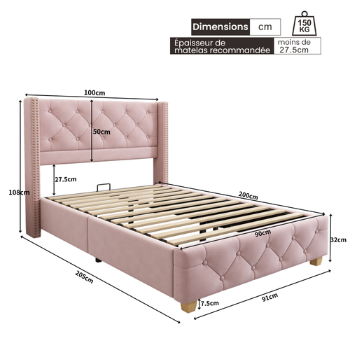 Lit Simple 90x200 Cm - Lit Capitonné Avec Tête De Lit Et Sommier à Lattes - Velours - Rose