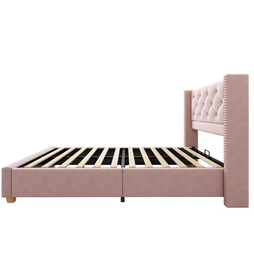 Lit Simple 90x200 Cm - Lit Capitonné Avec Tête De Lit Et Sommier à Lattes - Velours - Rose