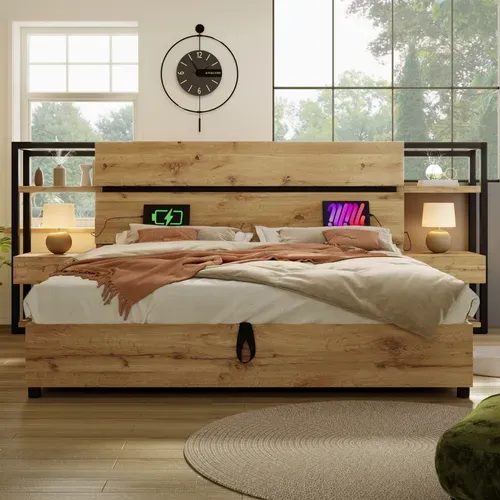 Lit Coffre Double 180x200 Cm – Rangement Hydraulique Et Tête De Lit, Mdf + Contreplaqué, Chêne