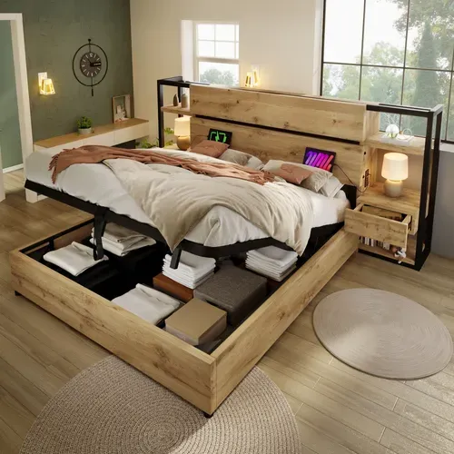 Lit Coffre Double 180x200 Cm – Rangement Hydraulique Et Tête De Lit, Mdf + Contreplaqué, Chêne