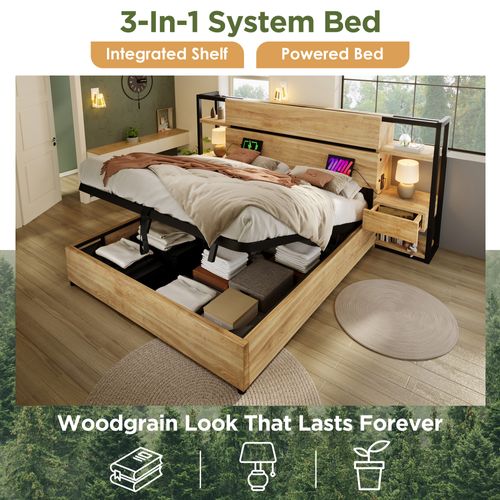 Lit Coffre Double 180x200 Cm – Rangement Hydraulique Et Tête De Lit, Mdf + Contreplaqué, Chêne