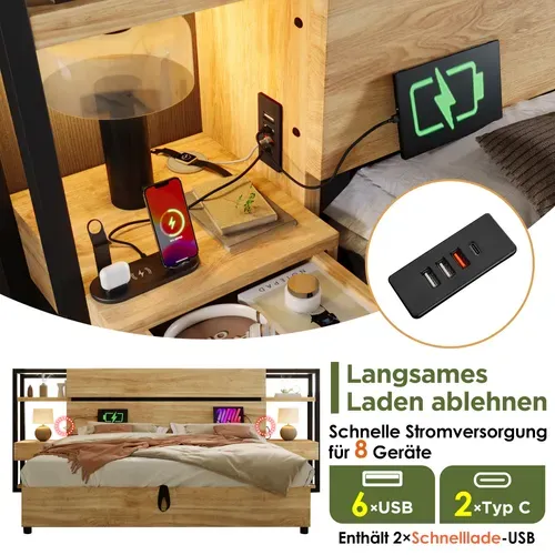 Lit Coffre Double 180x200 Cm – Rangement Hydraulique Et Tête De Lit, Mdf + Contreplaqué, Chêne