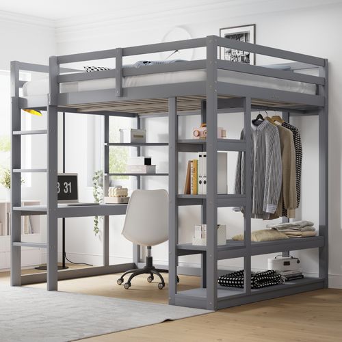 Lit Mezzanine 140×200 Cm Double Avec Bureau, Rangements Et échelle, Pin Et Mdf, Gris