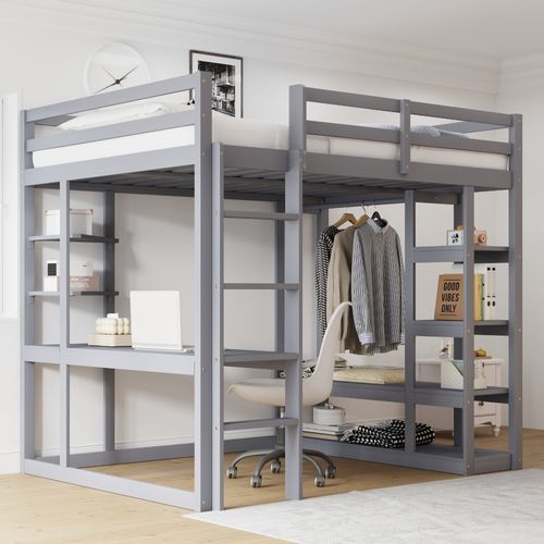 Lit Mezzanine 140×200 Cm Double Avec Bureau, Rangements Et échelle, Pin Et Mdf, Gris