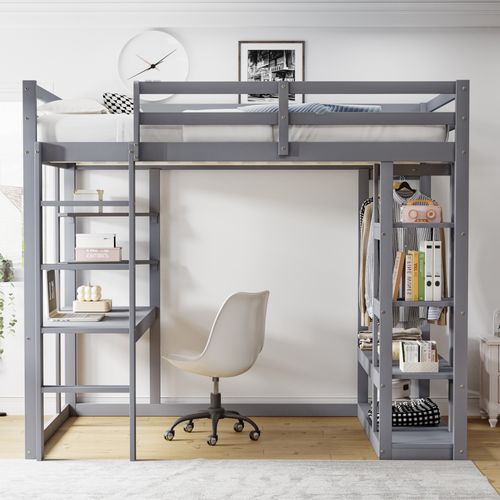 Lit Mezzanine 140×200 Cm Double Avec Bureau, Rangements Et échelle, Pin Et Mdf, Gris