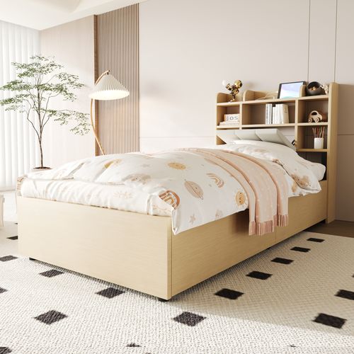Lit Coffre Bois 90x200 Cm Avec USB Et Type-c, Tête Fonctionnelle Avec Rangement