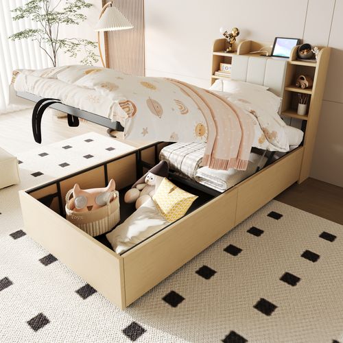 Lit Coffre Bois 90x200 Cm Avec USB Et Type-c, Tête Fonctionnelle Avec Rangement