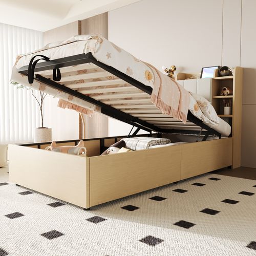 Lit Coffre Bois 90x200 Cm Avec USB Et Type-c, Tête Fonctionnelle Avec Rangement
