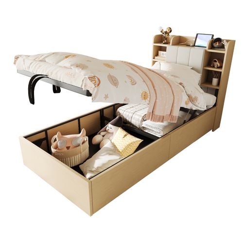 Lit Coffre Bois 90x200 Cm Avec USB Et Type-c, Tête Fonctionnelle Avec Rangement