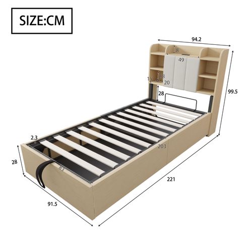 Lit Coffre Bois 90x200 Cm Avec USB Et Type-c, Tête Fonctionnelle Avec Rangement