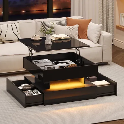 Table Basse Relevable Avec LED Et Rangement Caché, 2 Tiroirs Fonctionnels - Spanplatte Noir