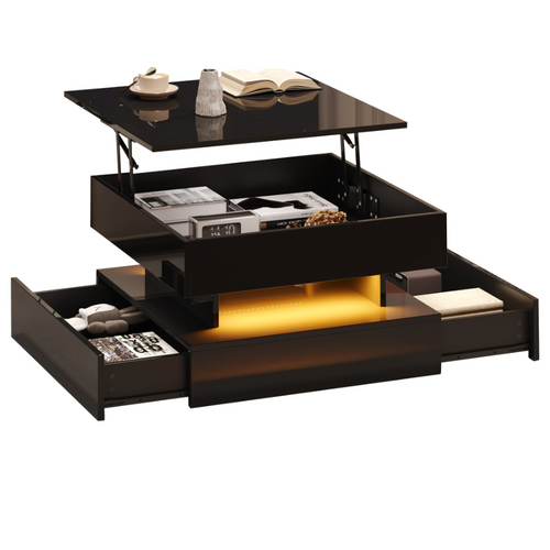 Table Basse Relevable Avec LED Et Rangement Caché, 2 Tiroirs Fonctionnels - Spanplatte Noir