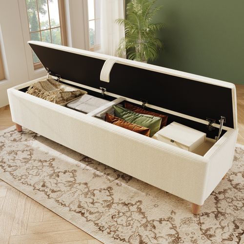 Banc De Lit Avec Coffre De Rangement Hydraulique - Velours Côtelé Et Bois  - Beige