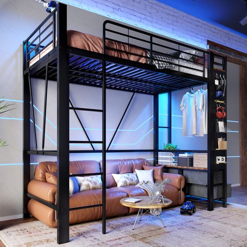 Lit Mezzanine 90x200 Cm - Lit Déco Avec Bureau Et Rangement - Métal Et Mdf - Noir