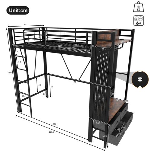 Lit Mezzanine 90x200 Cm - Lit Déco Avec Bureau Et Rangement - Métal Et Mdf - Noir