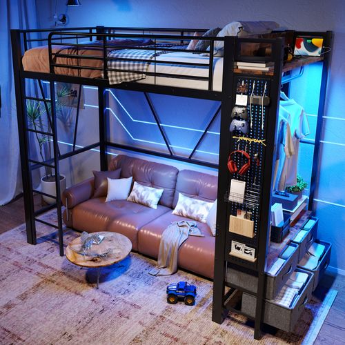 Lit Mezzanine 90x200 Cm - Lit Déco Avec Bureau Et Rangement - Métal Et Mdf - Noir