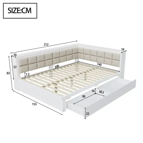 Lit Banquette 140x200 Cm Double Avec Rangement Et Dossier Doux, Idéal Appartements, Pin, Blanc