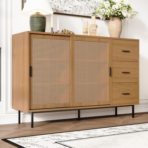 Buffet Bahut 2 Portes Coulissantes étagères Ajustables Rangement Salle à Manger Naturel