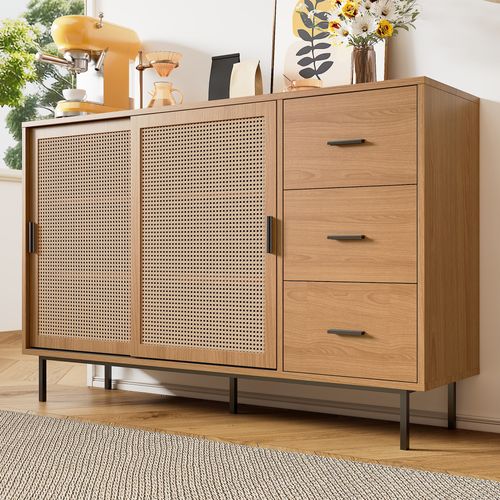 Buffet Bahut 2 Portes Coulissantes étagères Ajustables Rangement Salle à Manger Naturel