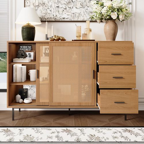 Buffet Bahut 2 Portes Coulissantes étagères Ajustables Rangement Salle à Manger Naturel