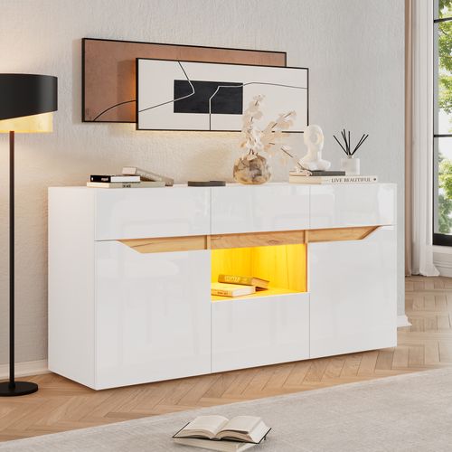 Buffet Bas Multifonction 4 Tiroirs 2 Compartiments Semi-ouverts LED Blanc Bois Naturel