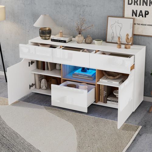 Buffet Bas Multifonction 4 Tiroirs 2 Compartiments Semi-ouverts LED Blanc Bois Naturel